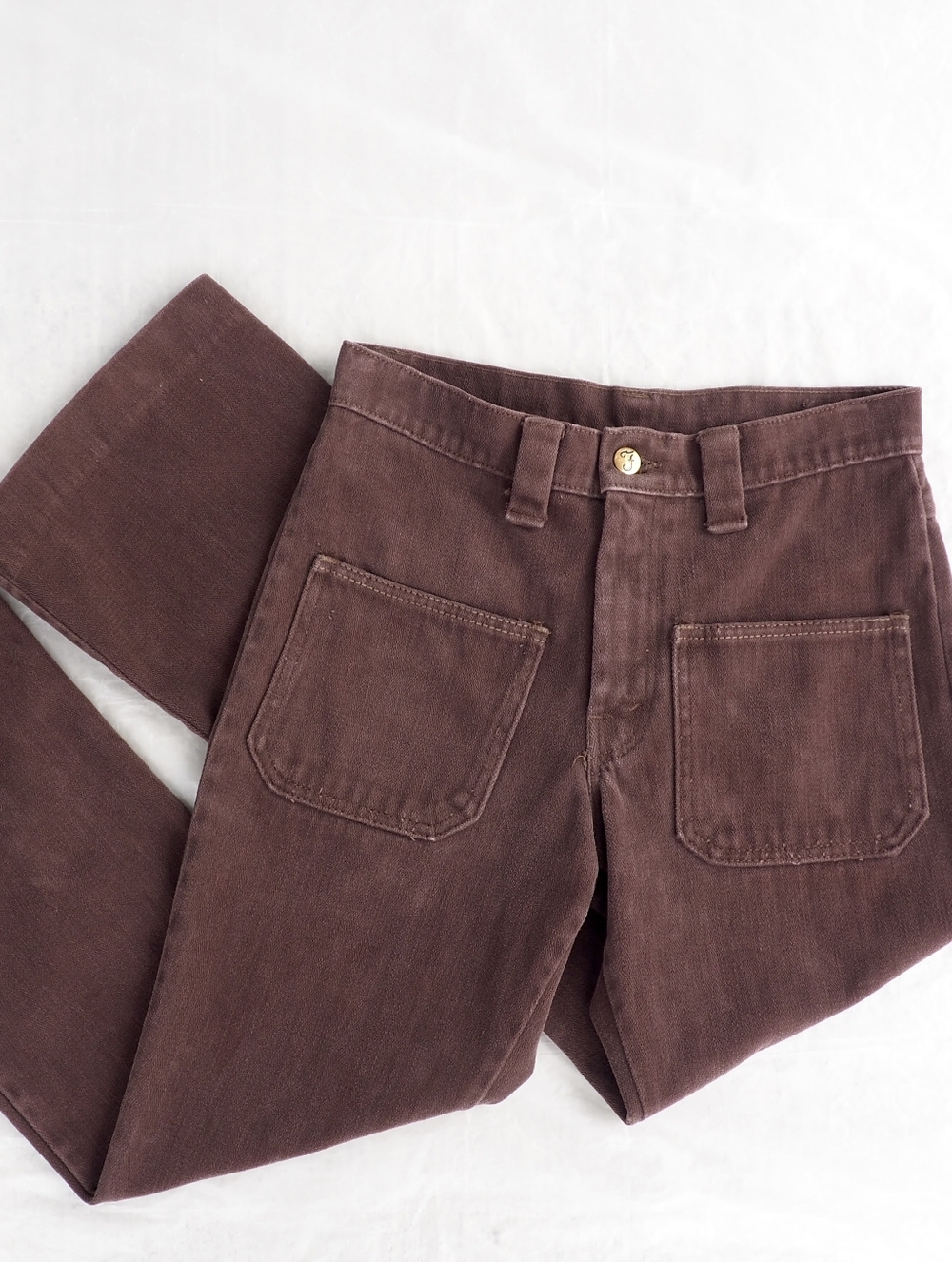 Vintage 70s Flares Brown Moleskin Patch Pocket Pants Mid Rise Kick Crop Worker